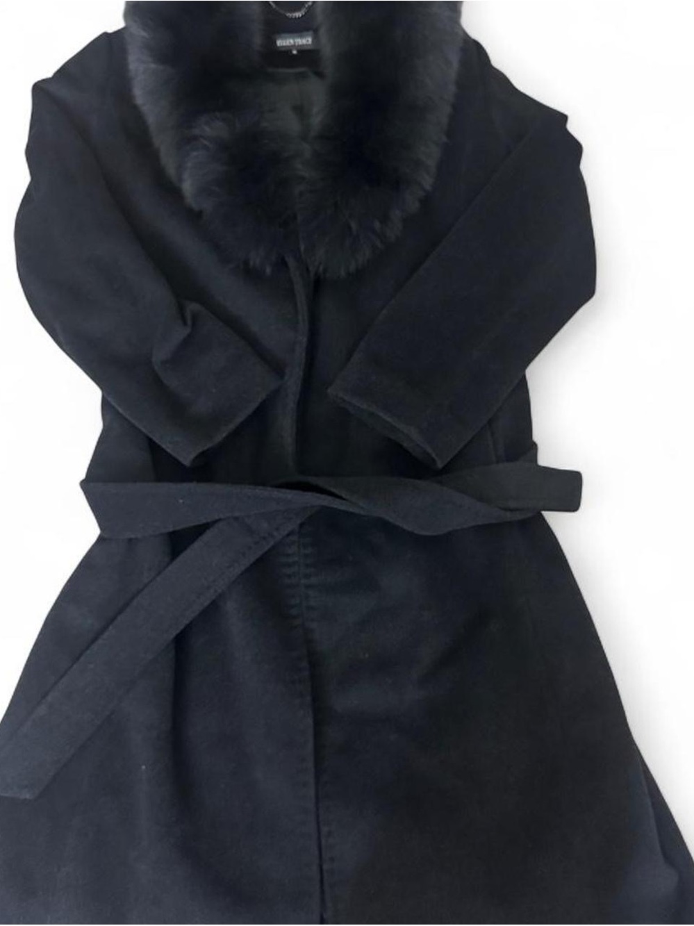 Ellen Tracy Black Trench Coat with Fur Collar